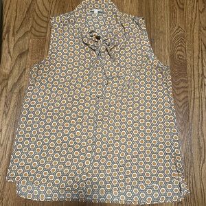Sleeveless Geometric Print Tie-Neck Blouse - Mustard & White